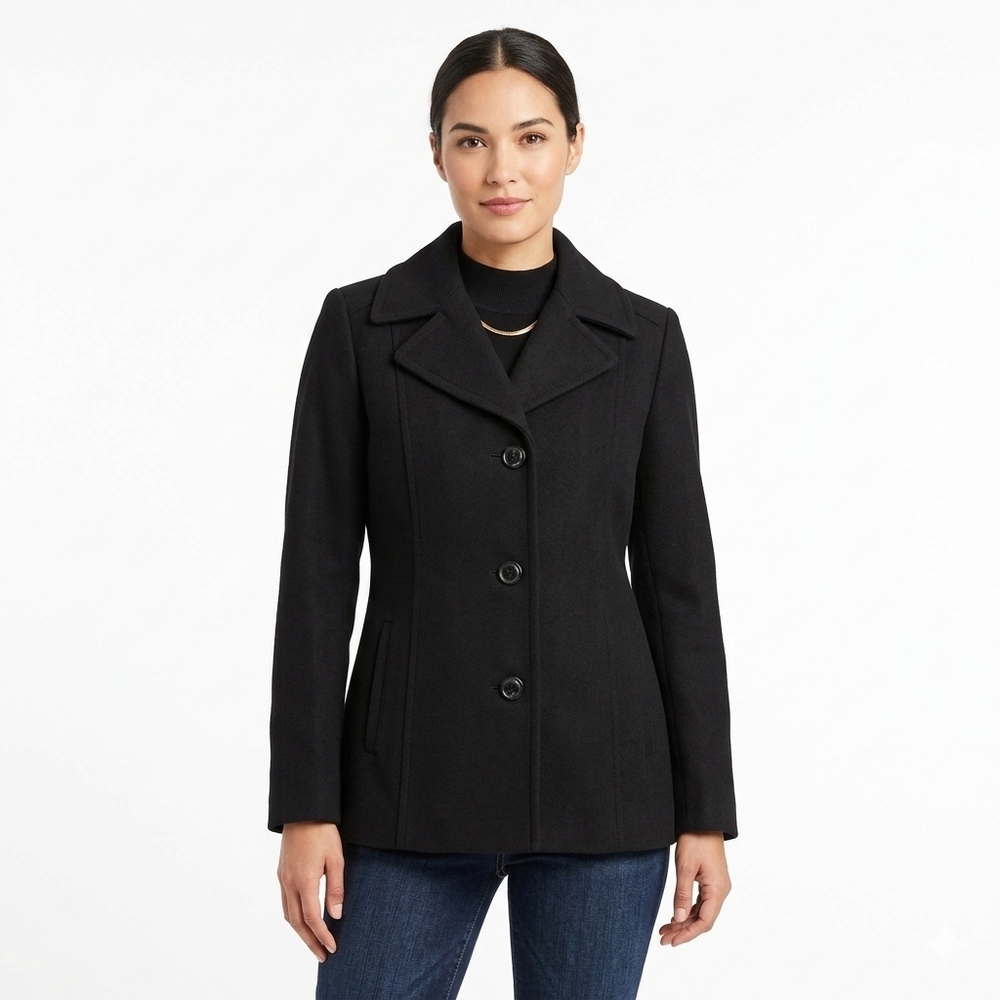 Anne Klein Dark Brown Wool Blend Single-Breasted Peacoat Jacket Size Small